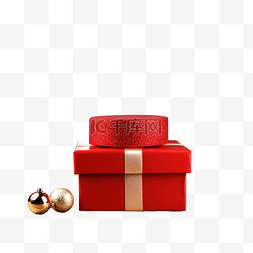 戴着领结图片_木桌上戴着圣诞帽的红色圣诞礼盒