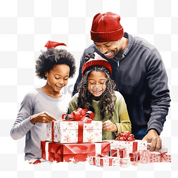 打开礼物的女孩图片_交换圣诞礼物 幸福的家庭在圣诞