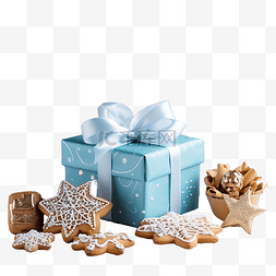 木板上的心图片_蓝色桌子上的圣诞组合物，配有礼