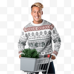 推购物的人图片_穿着圣诞毛衣推着灰色购物车的美