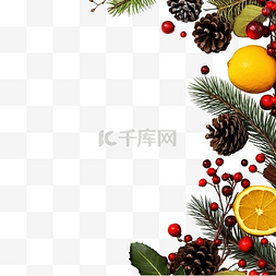 空白餐桌图片_圣诞树枝锥浆果柠檬与复制空间