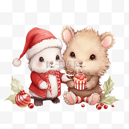 卡通可爱圣诞兔子和刺猬吃甜食