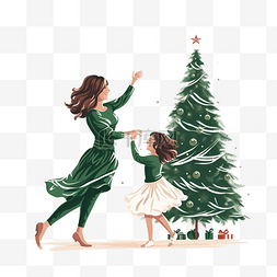 卡通母亲和孩子图片_有圣诞树的家庭