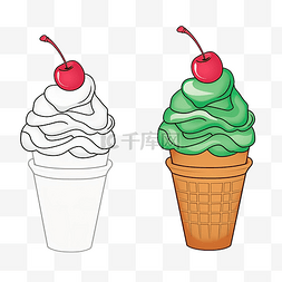素描学校图片_儿童着色书插画绿色冰淇淋杯锥与
