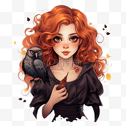 魔法鸟图片_美丽的女巫女孩，一头红卷发，手