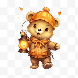 卡通恐怖熊图片_可爱万圣节提着灯笼的南瓜头熊插