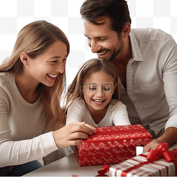 圣诞节幸福家庭一起打开礼物的合