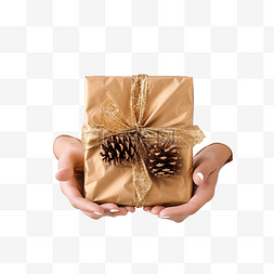 生日包装纸图片_手拿着用金纸包裹并装饰着松果的
