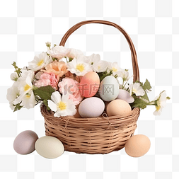 复活节鲜花彩蛋图片_复活节快乐，鲜花篮里的彩蛋