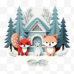 圣诞节与可爱的动物在雪村剪纸和