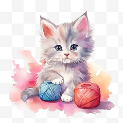 带有可爱玩耍小猫的水彩涂鸦可以