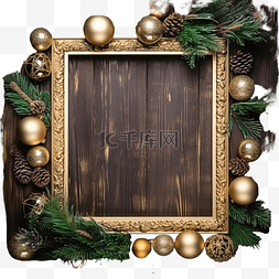 圣诞旧木框，绿杉树枝金色圣诞球