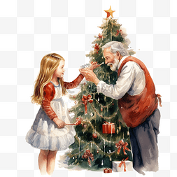 祖父和孙女在平安夜装饰杉树