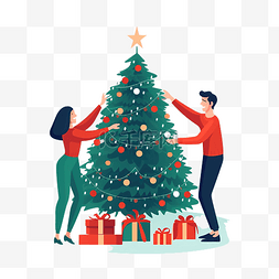 动画可爱图片_圣诞节庆祝人们装饰圣诞树并赠送