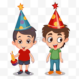 两天图片_两个卡通男孩戴着生日帽 向量