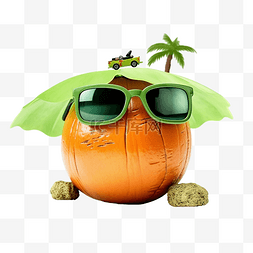 快乐起飞图片_绿色椰子在海滩上戴着太阳镜，呈