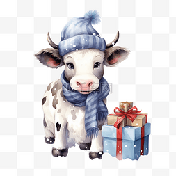 戴帽子的奶牛图片_圣诞快乐卡