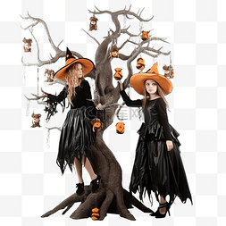 金秋节图片_万圣节，两姐妹穿着女巫嘉年华服