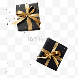 礼物金色丝带图片_平躺的黑暗圣诞礼物与金色丝带