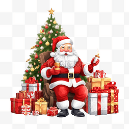 圣诞老人坐在圣诞树附近的沙发上
