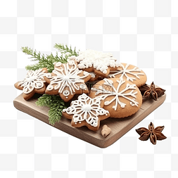 美味圣诞饼干和木桌上的自然装饰
