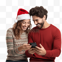 用手机的情侣图片_一对夫妇用智能手机进行圣诞视频
