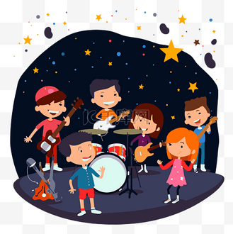 素材_音乐会剪贴画孩子们晚上在舞台上演奏音乐插图 ilustracija 卡通
