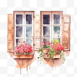 窗户景观图片_水彩插图花盆和窗户