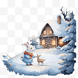冬夜与圣诞老人和兔子在房子附近