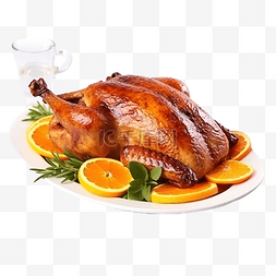 圣诞餐桌上配有橙子和酱汁的烤鸭