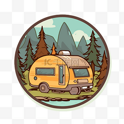 带有黄色休闲车和树木的露营图标