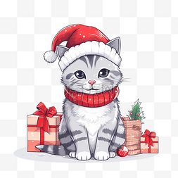 圣诞贺卡上有一只可爱的猫，戴着
