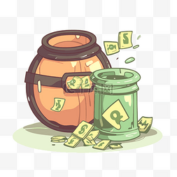 钱剪贴画卡通钱漂浮到绿色的罐子