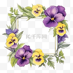 背景绿叶图片_方形框架与三色堇花黄色和紫色花