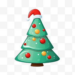 下雪家庭图片_可爱的圣诞树，戴着圣诞老人的帽