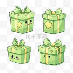 绿色礼品盒，带有可爱卡通风格的