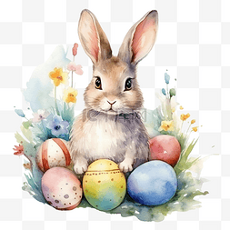 兔子耳朵的图片_水彩复活节兔子与复活节彩蛋