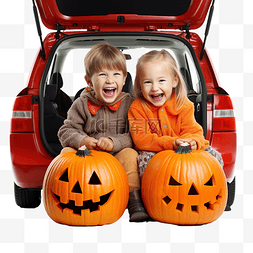 两个孩子在汽车后备箱里庆祝万圣