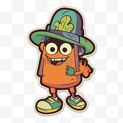 卡通橙色人物戴着高高的绿色帽子