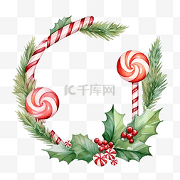 圣诞水彩边框图片_圣诞冬青边框与糖果手杖和棒棒糖