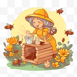 微笑的小蜜蜂图片_养蜂剪贴画小老妇与蜂巢和蜜蜂卡