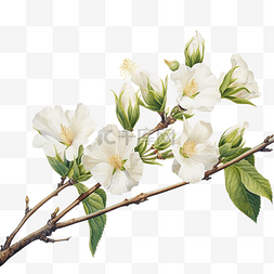 树枝上的白色木槿花蕾的水彩画
