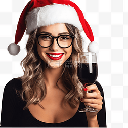 圣诞老人女孩图片_戴着香槟杯的快乐圣诞老人女孩