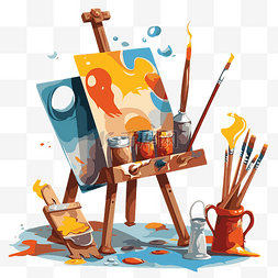 美术画盘画笔图片_画布剪贴画艺术家画架与油漆和画