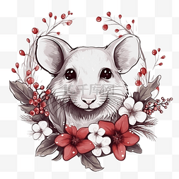 手绘老鼠肖像与圣诞花矢量