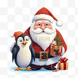圣诞快乐插画，圣诞老人和企鹅在
