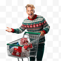 推购物的人图片_穿着圣诞毛衣推着灰色购物车的美