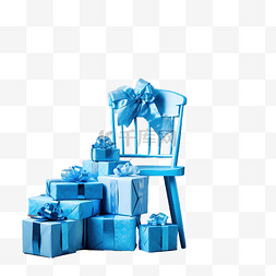 蓝色家居图片_砖墙上蓝色椅子上的圣诞礼物