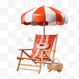 渲染海边图片_沙滩椅木制带雨伞救生圈海边贝类