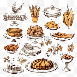 矢量素食餐厅图片_矢量手绘草图感恩节食物套装草图